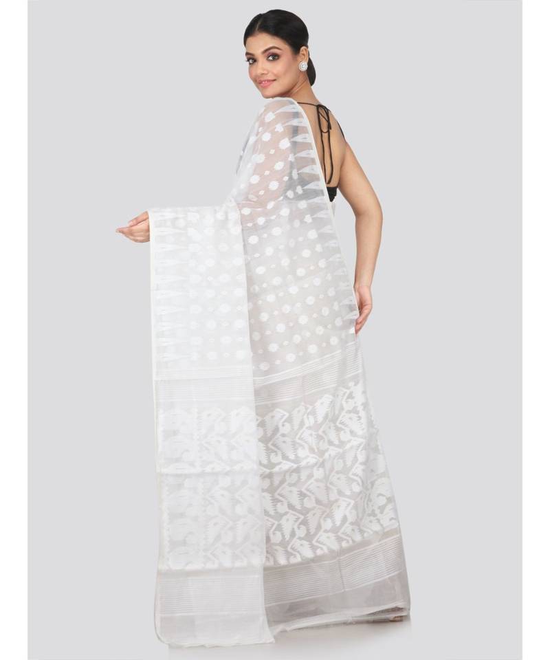 White Pure Cotton Hand Woven Saree Without Blouse