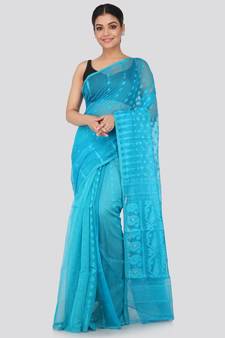 Blue Pure Cotton Hand Woven Saree Without Blouse