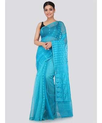 Blue Pure Cotton Hand Woven Saree Without Blouse 1