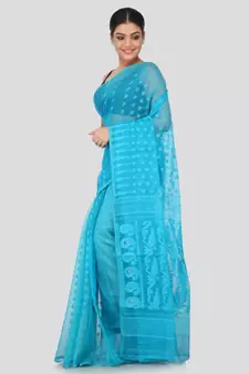 Blue Pure Cotton Hand Woven Saree Without Blouse