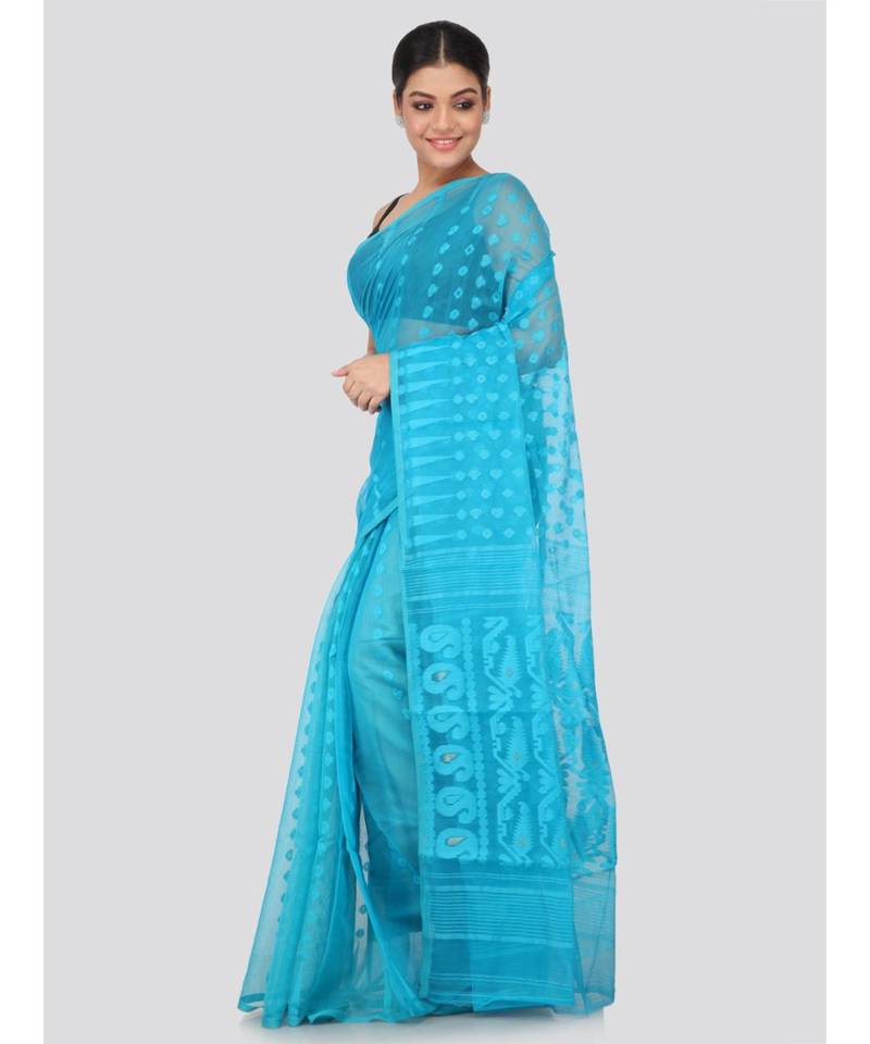 Blue Pure Cotton Hand Woven Saree Without Blouse