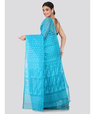 Blue Pure Cotton Hand Woven Saree Without Blouse 3