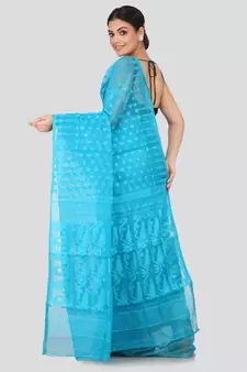 Blue Pure Cotton Hand Woven Saree Without Blouse