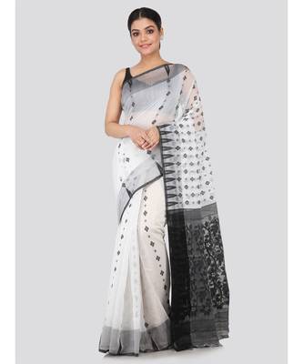 White Pure Cotton Hand Woven Saree Without Blouse 1