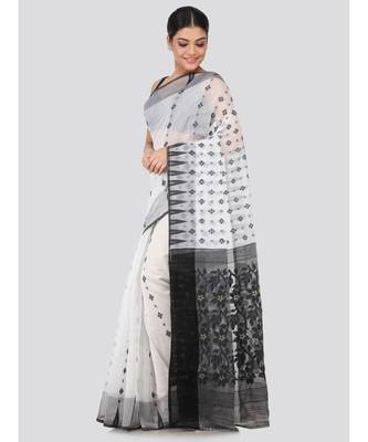 White Pure Cotton Hand Woven Saree Without Blouse 2
