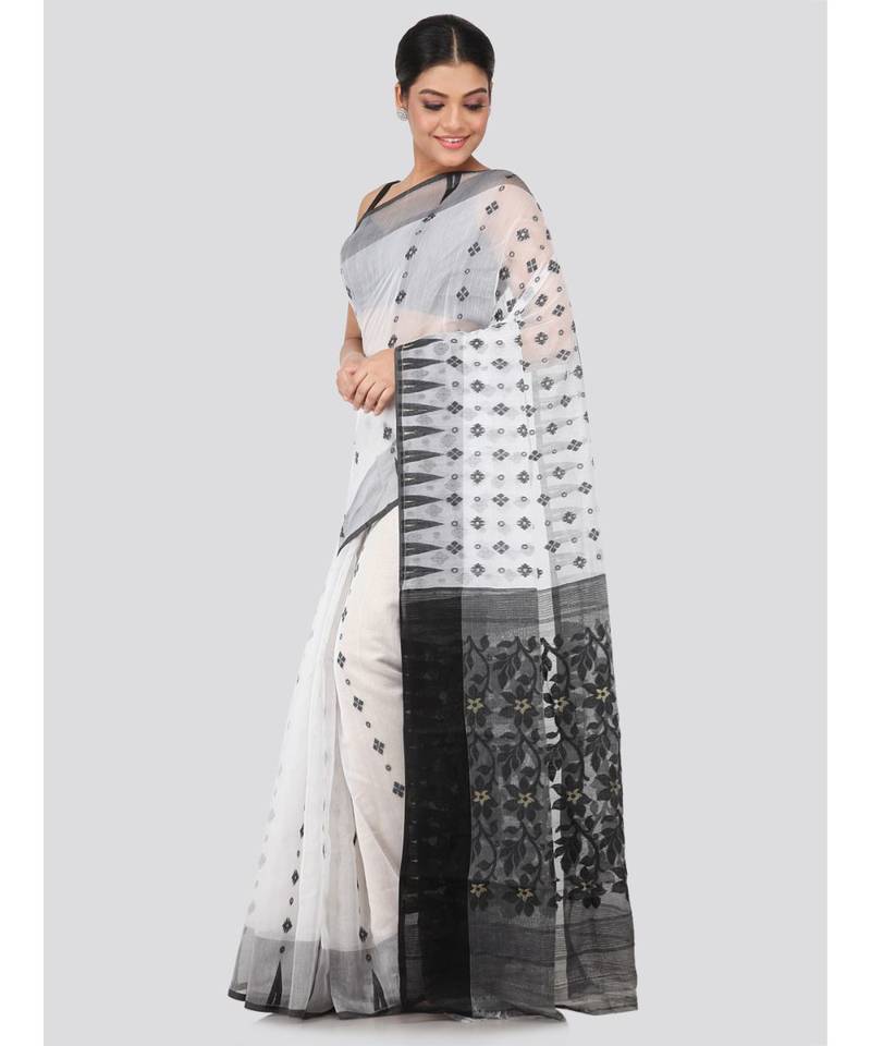 White Pure Cotton Hand Woven Saree Without Blouse