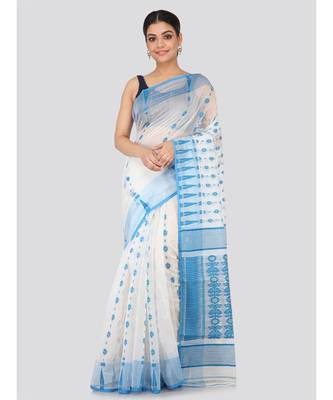 White Pure Cotton Hand Woven Saree Without Blouse 1