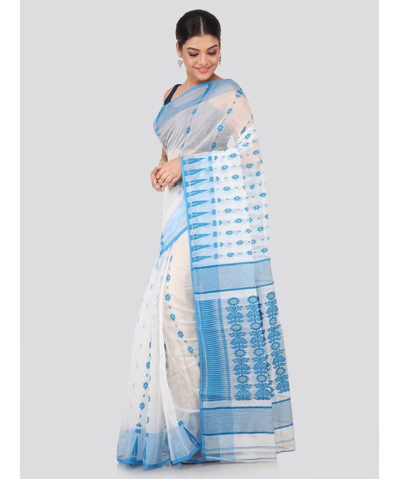 White Pure Cotton Hand Woven Saree Without Blouse