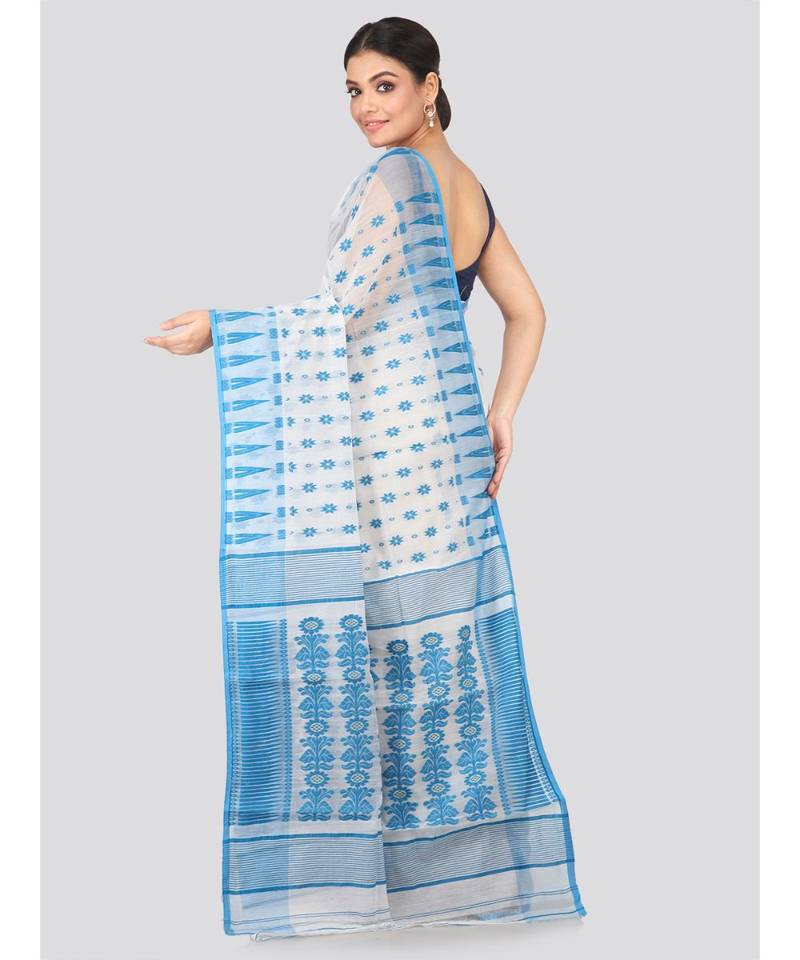 White Pure Cotton Hand Woven Saree Without Blouse