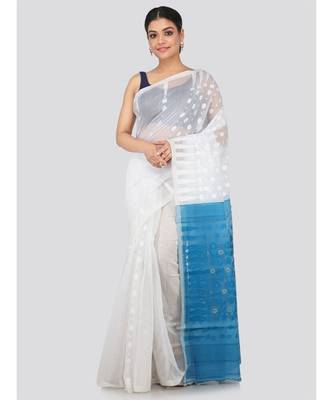White Pure Cotton Hand Woven Saree Without Blouse 1