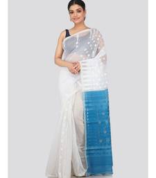 White Pure Cotton Hand Woven Saree Without Blouse