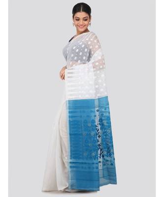 White Pure Cotton Hand Woven Saree Without Blouse 2