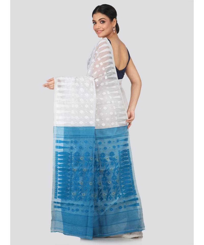 White Pure Cotton Hand Woven Saree Without Blouse