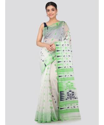 White Pure Cotton Hand Woven Saree Without Blouse 1