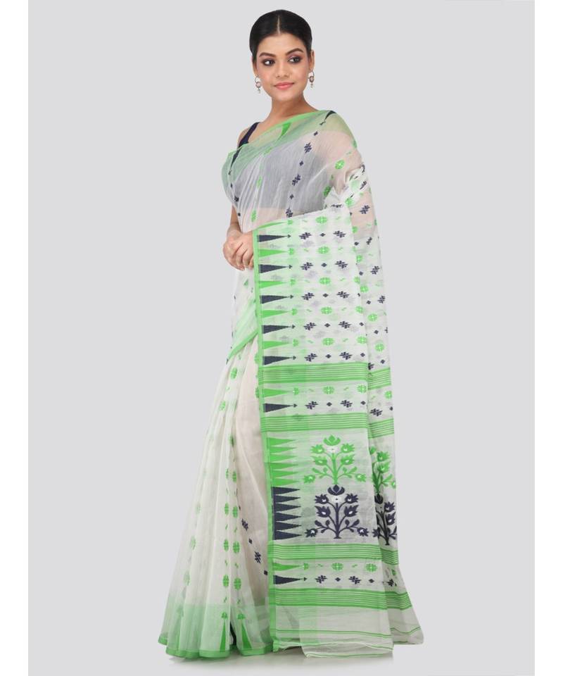 White Pure Cotton Hand Woven Saree Without Blouse