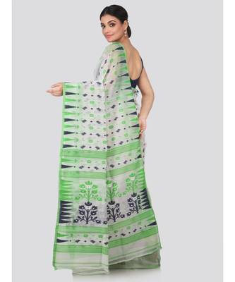 White Pure Cotton Hand Woven Saree Without Blouse 3