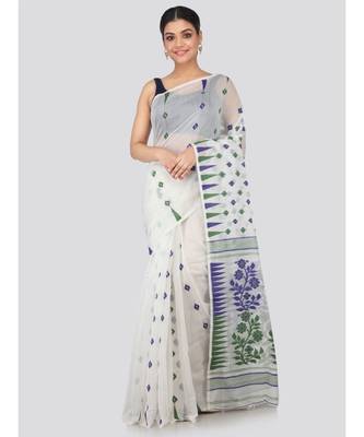 White Pure Cotton Hand Woven Saree Without Blouse 1