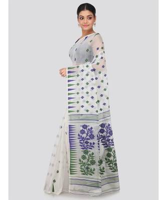 White Pure Cotton Hand Woven Saree Without Blouse 2