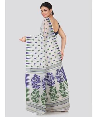 White Pure Cotton Hand Woven Saree Without Blouse 3