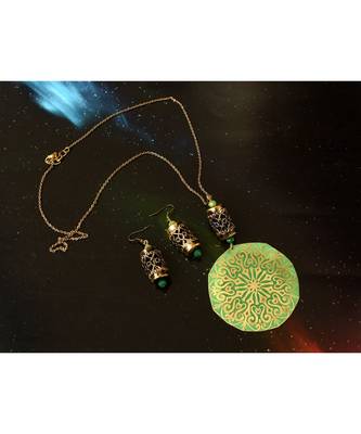 Green metallic Brass   Necklace   pair of earrings & free gift 1