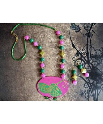 Pink metallic Brass   Necklace   pair of earrings & free gift 1