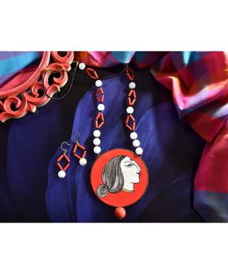 Red metallic Brass   Necklace   pair of earrings & free gift 1
