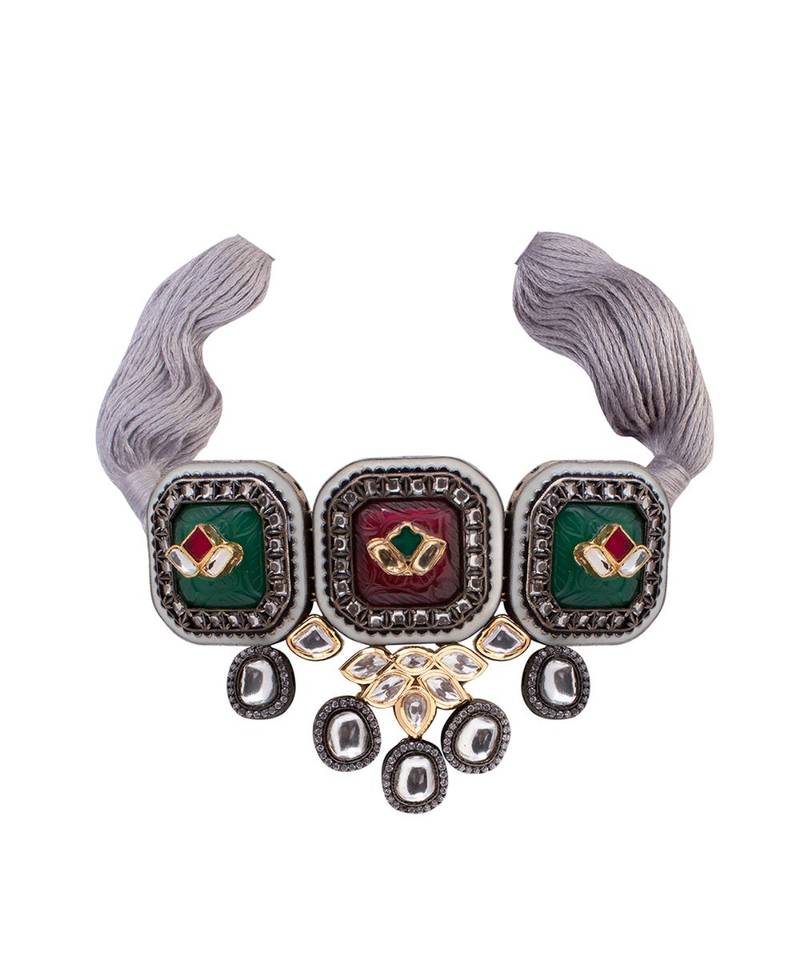 Green Red Silver Tone Kundan Choker Necklace