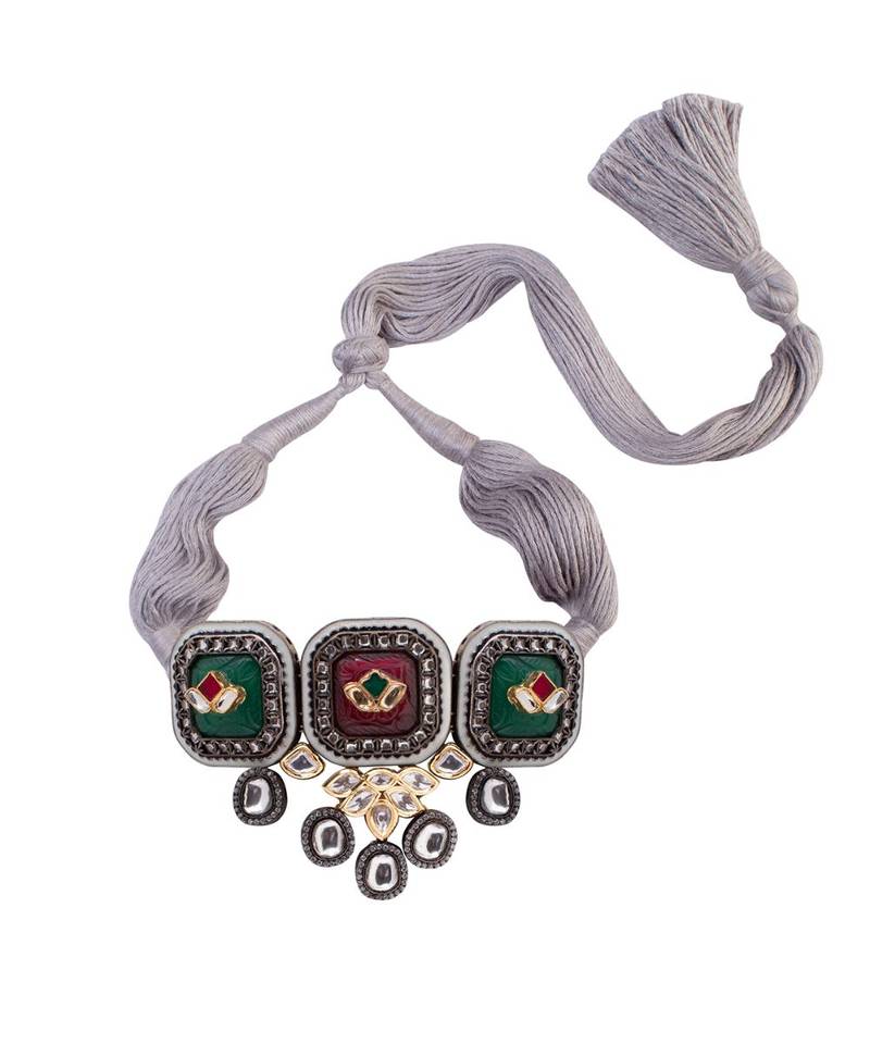 Green Red Silver Tone Kundan Choker Necklace