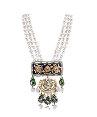 Green Red Gold Tone Kundan Beaded Necklace With Pearls 2