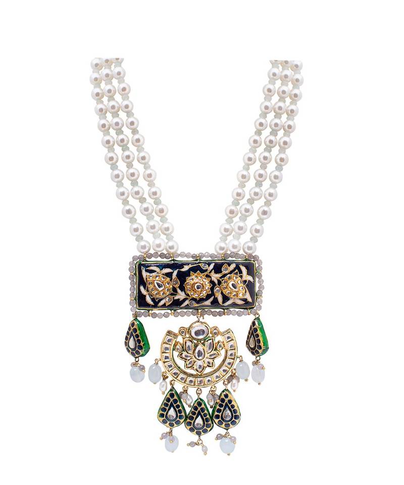 Green Red Gold Tone Kundan Beaded Necklace With Pearls