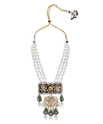 Green Red Gold Tone Kundan Beaded Necklace With Pearls 3