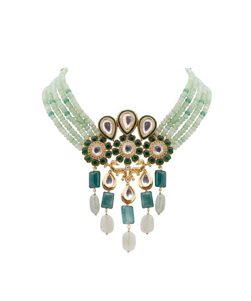 Green Gold Tone Kundan Beaded Necklace