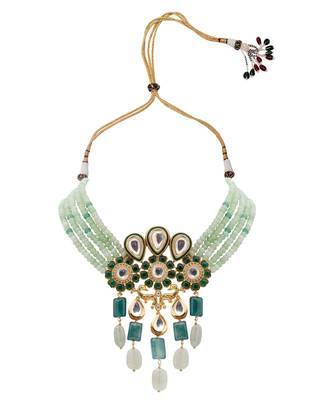Green Gold Tone Kundan Beaded Necklace 3