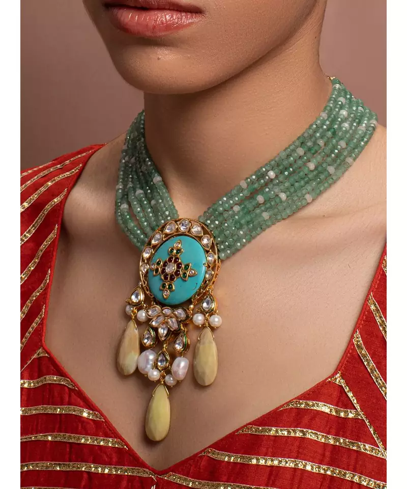 Green Yellow Gold Brass kundanNecklace