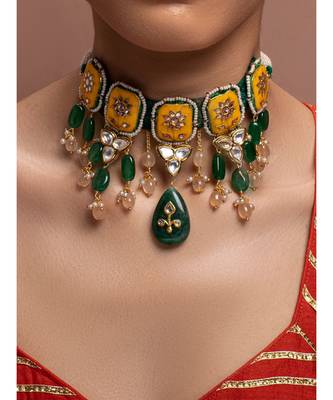 Mustard Green Gold Tone Kundan Enameled Choker Necklace 1