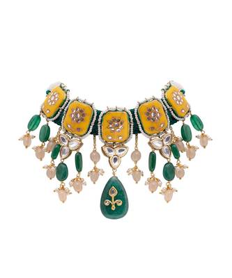 Mustard Green Gold Tone Kundan Enameled Choker Necklace 2