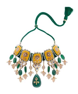 Mustard Green Gold Tone Kundan Enameled Choker Necklace 3