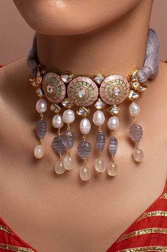 Grey Yellow Gold Brass kundanNecklace