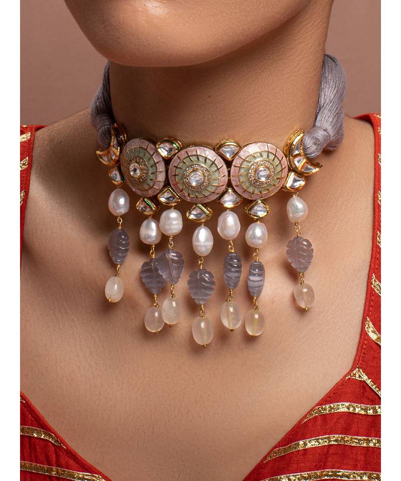 Grey Yellow Gold Brass kundanNecklace