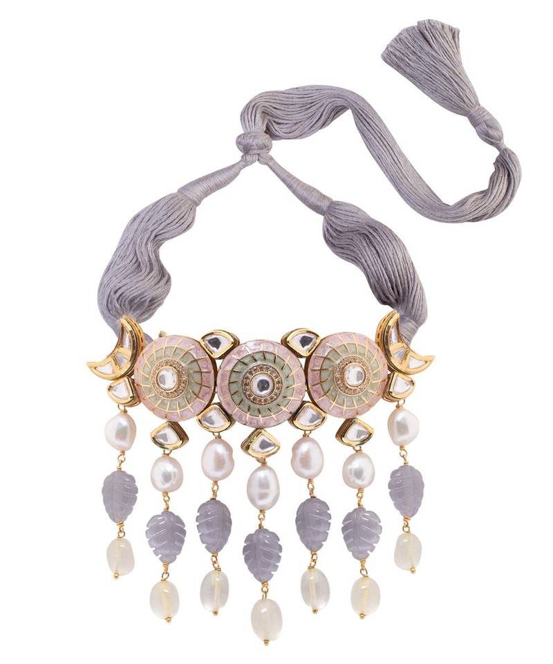 Grey Yellow Gold Brass kundanNecklace