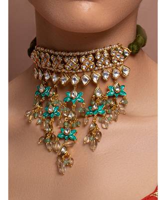 Green White Gold Tone Kundan Enameled Choker Necklace 1