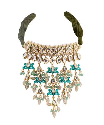 Green White Gold Tone Kundan Enameled Choker Necklace 2
