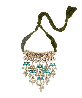 Green White Gold Tone Kundan Enameled Choker Necklace 3