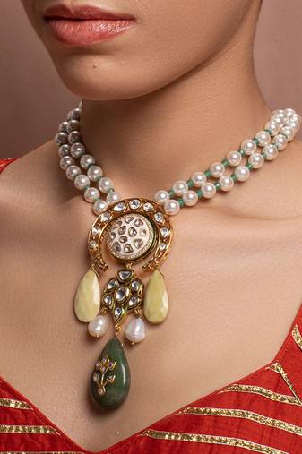 White Yellow Gold Brass kundanNecklace