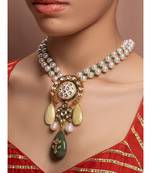 Green White Gold Tone Kundan Beaded Necklace With Pearls