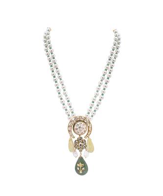 Green White Gold Tone Kundan Beaded Necklace With Pearls 2