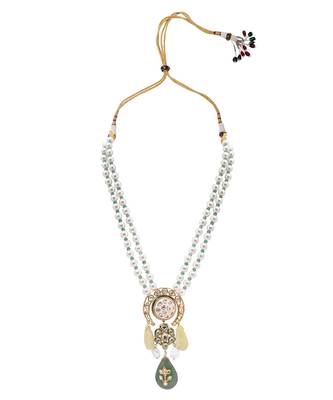 Green White Gold Tone Kundan Beaded Necklace With Pearls 3