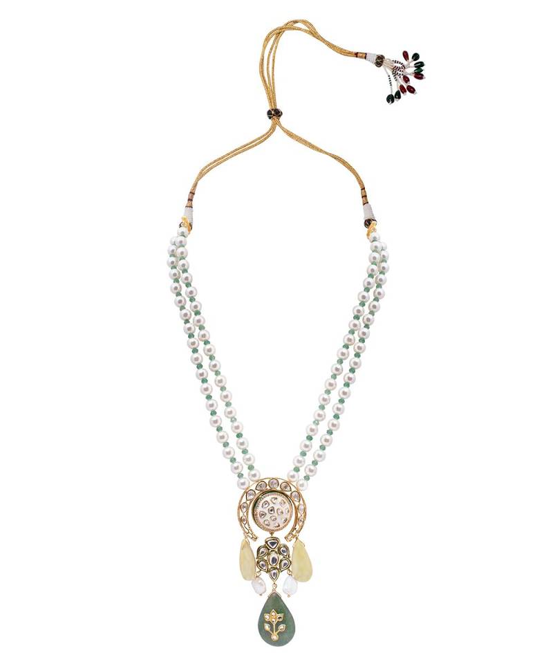 Green White Gold Tone Kundan Beaded Necklace With Pearls
