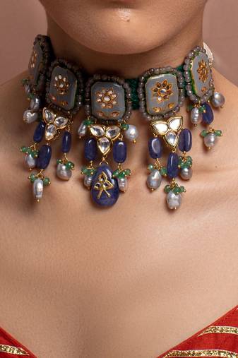 Grey Yellow Gold Brass kundanNecklace