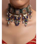 Grey Green Gold Tone Kundan Enameled Necklace With Pearls